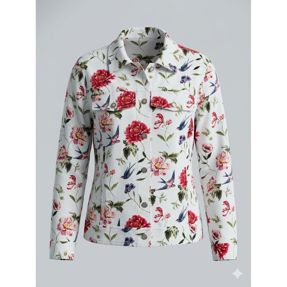 Tahari Women's 1X Floral Bird Print Linen Blend Jacket White Plus Size Garden
